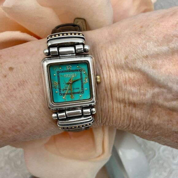 Vintage Ecclissi Sterling Silver Watch with Turquoise Dial and Gold-tone Accents - Picture 8 of 16